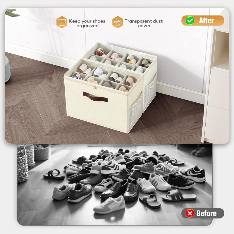 Budding Joy 2 Pack Shoe Organizer for Closet, Clear Foldable Shoe Storage Containers Adjustable Dividers Fits 16 Pairs,Shoe Storage Bins Baskets Boxes with Reinforced Handles Beige Yellow Beige - Image 3